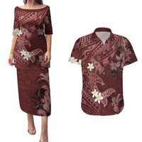 Polynesia Hammerhead Shark Couples Matching Puletasi and Hawaiian Shirt Tropical Flowers Tribal Pattern Oxblood