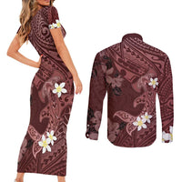Polynesia Hammerhead Shark Couples Matching Short Sleeve Bodycon Dress and Long Sleeve Button Shirt Tropical Flowers Tribal Pattern Oxblood