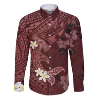 Polynesia Hammerhead Shark Family Matching Off The Shoulder Long Sleeve Dress and Hawaiian Shirt Tropical Flowers Tribal Pattern Oxblood