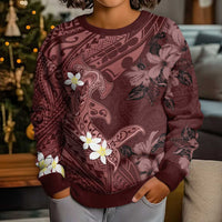 Polynesia Hammerhead Shark Kid Ugly Christmas Sweater Tropical Flowers Tribal Pattern Oxblood