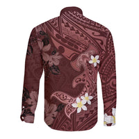 Polynesia Hammerhead Shark Long Sleeve Button Shirt Tropical Flowers Tribal Pattern Oxblood
