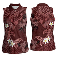 Polynesia Hammerhead Shark Women Sleeveless Polo Shirt Tropical Flowers Tribal Pattern Oxblood