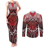 Personalised New Zealand Aotearoa Couples Matching Tank Maxi Dress and Long Sleeve Button Shirt Te Reo Maori Ake Ake Ake LT05 Red - Polynesian Pride