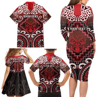 Personalised New Zealand Aotearoa Family Matching Long Sleeve Bodycon Dress and Hawaiian Shirt Te Reo Maori Ake Ake Ake LT05 - Polynesian Pride