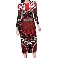 Personalised New Zealand Aotearoa Family Matching Long Sleeve Bodycon Dress and Hawaiian Shirt Te Reo Maori Ake Ake Ake LT05 Mom's Dress Red - Polynesian Pride