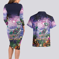 Happy Hulaween Couples Matching Long Sleeve Bodycon Dress and Hawaiian Shirt Mahaloween Skeleton Dancing
