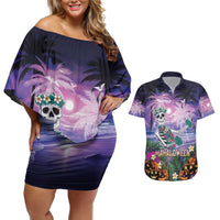 Happy Hulaween Couples Matching Off Shoulder Short Dress and Hawaiian Shirt Mahaloween Skeleton Dancing