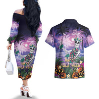 Happy Hulaween Couples Matching Off The Shoulder Long Sleeve Dress and Hawaiian Shirt Mahaloween Skeleton Dancing
