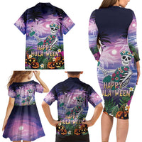 Happy Hulaween Family Matching Long Sleeve Bodycon Dress and Hawaiian Shirt Mahaloween Skeleton Dancing LT05 - Polynesian Pride