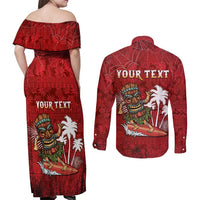 Personalised Aloha Halloween Couples Matching Off Shoulder Maxi Dress and Long Sleeve Button Shirt Skeleton Surfing