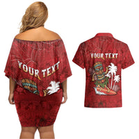 Personalised Aloha Halloween Couples Matching Off Shoulder Short Dress and Hawaiian Shirt Skeleton Surfing