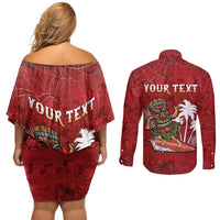 Personalised Aloha Halloween Couples Matching Off Shoulder Short Dress and Long Sleeve Button Shirt Skeleton Surfing