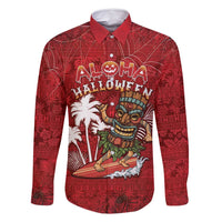 Personalised Aloha Halloween Family Matching Long Sleeve Bodycon Dress and Hawaiian Shirt Skeleton Surfing LT05 Dad's Shirt - Long Sleeve Red - Polynesian Pride