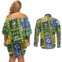 Solomon Islands Christmas Couples Matching Off Shoulder Short Dress and Long Sleeve Button Shirt Festive Beach Vibes - Polynesian Pride