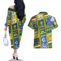 Solomon Islands Christmas Couples Matching Off The Shoulder Long Sleeve Dress and Hawaiian Shirt Festive Beach Vibes - Polynesian Pride