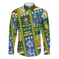 Solomon Islands Christmas Family Matching Off Shoulder Short Dress and Hawaiian Shirt Festive Beach Vibes LT05 Dad's Shirt - Long Sleeve Green - Polynesian Pride