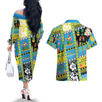Tuvalu Christmas Couples Matching Off The Shoulder Long Sleeve Dress and Hawaiian Shirt Festive Beach Vibes - Polynesian Pride