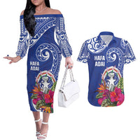 Hafa Adai Northern Mariana Islands Couples Matching Off The Shoulder Long Sleeve Dress and Hawaiian Shirt Polynesian Tribal Pattern