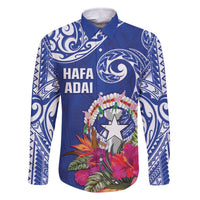 Hafa Adai Northern Mariana Islands Family Matching Off The Shoulder Long Sleeve Dress and Hawaiian Shirt Polynesian Tribal Pattern LT05 Dad's Shirt - Long Sleeve Blue - Polynesian Pride