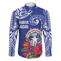 Hafa Adai Northern Mariana Islands Family Matching Off Shoulder Short Dress and Hawaiian Shirt Polynesian Tribal Pattern LT05 Dad's Shirt - Long Sleeve Blue - Polynesian Pride