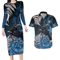 New Zealand Huia Bird Couples Matching Long Sleeve Bodycon Dress and Hawaiian Shirt Aotearoa Maori Pattern
