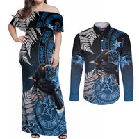 New Zealand Huia Bird Couples Matching Off Shoulder Maxi Dress and Long Sleeve Button Shirt Aotearoa Maori Pattern LT05 Navy - Polynesian Pride