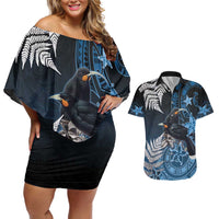New Zealand Huia Bird Couples Matching Off Shoulder Short Dress and Hawaiian Shirt Aotearoa Maori Pattern
