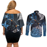 New Zealand Huia Bird Couples Matching Off Shoulder Short Dress and Long Sleeve Button Shirt Aotearoa Maori Pattern