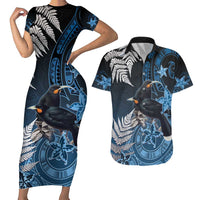 New Zealand Huia Bird Couples Matching Short Sleeve Bodycon Dress and Hawaiian Shirt Aotearoa Maori Pattern