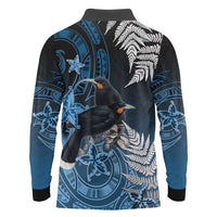 New Zealand Huia Bird Long Sleeve Polo Shirt Aotearoa Maori Pattern