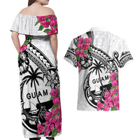 Guam Chamorro Couples Matching Off Shoulder Maxi Dress and Hawaiian Shirt Bougainvillea White Polynesian Tribal Pattern