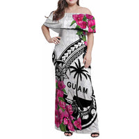 Guam Chamorro Family Matching Off Shoulder Maxi Dress and Hawaiian Shirt Bougainvillea White Polynesian Tribal Pattern