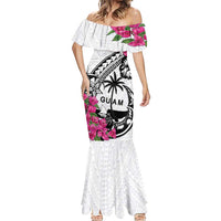 Guam Chamorro Mermaid Dress Bougainvillea White Polynesian Tribal Pattern