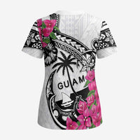 Guam Chamorro Scrub Top Bougainvillea White Polynesian Tribal Pattern - Polynesian Pride