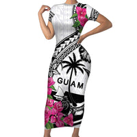 Guam Chamorro Short Sleeve Bodycon Dress Bougainvillea White Polynesian Tribal Pattern
