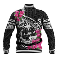 Guam Chamorro Baseball Jacket Bougainvillea Black Polynesian Tribal Pattern