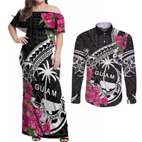 Guam Chamorro Couples Matching Off Shoulder Maxi Dress and Long Sleeve Button Shirt Bougainvillea Black Polynesian Tribal Pattern