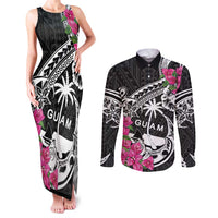 Guam Chamorro Couples Matching Tank Maxi Dress and Long Sleeve Button Shirt Bougainvillea Black Polynesian Tribal Pattern