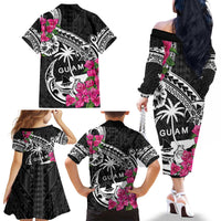 Guam Chamorro Family Matching Off The Shoulder Long Sleeve Dress and Hawaiian Shirt Bougainvillea Black Polynesian Tribal Pattern
