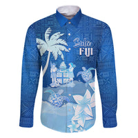 Personalised Bula Fiji Family Matching Puletasi and Hawaiian Shirt Fijian Masi Pattern With Blue Coat Of Arms LT05 Dad's Shirt - Long Sleeve Blue - Polynesian Pride