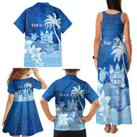 Personalised Bula Fiji Family Matching Tank Maxi Dress and Hawaiian Shirt Fijian Masi Pattern With Blue Coat Of Arms LT05 - Polynesian Pride