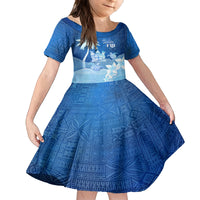 Personalised Bula Fiji Kid Short Sleeve Dress Fijian Masi Pattern With Blue Coat Of Arms LT05 KID Blue - Polynesian Pride