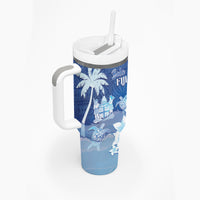 Bula Fiji Tumbler With Handle Fijian Masi Pattern With Blue Coat Of Arms