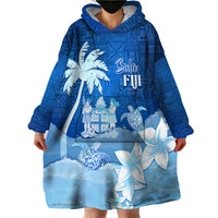 Personalised Bula Fiji Wearable Blanket Hoodie Fijian Masi Pattern With Blue Coat Of Arms LT05 - Polynesian Pride
