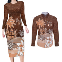 Personalised Bula Fiji Couples Matching Long Sleeve Bodycon Dress and Long Sleeve Button Shirt Fijian Masi Pattern With Brown Coat Of Arms LT05 Brown - Polynesian Pride