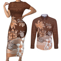 Personalised Bula Fiji Couples Matching Short Sleeve Bodycon Dress and Long Sleeve Button Shirt Fijian Masi Pattern With Brown Coat Of Arms LT05 Brown - Polynesian Pride
