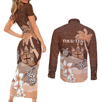 Personalised Bula Fiji Couples Matching Short Sleeve Bodycon Dress and Long Sleeve Button Shirt Fijian Masi Pattern With Brown Coat Of Arms LT05 - Polynesian Pride
