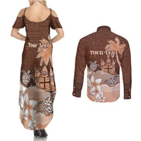 Personalised Bula Fiji Couples Matching Summer Maxi Dress and Long Sleeve Button Shirt Fijian Masi Pattern With Brown Coat Of Arms LT05 - Polynesian Pride