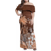 Personalised Bula Fiji Family Matching Off Shoulder Maxi Dress and Hawaiian Shirt Fijian Masi Pattern With Brown Coat Of Arms LT05 Mom's Dress Brown - Polynesian Pride