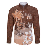 Personalised Bula Fiji Family Matching Summer Maxi Dress and Hawaiian Shirt Fijian Masi Pattern With Brown Coat Of Arms LT05 Dad's Shirt - Long Sleeve Brown - Polynesian Pride